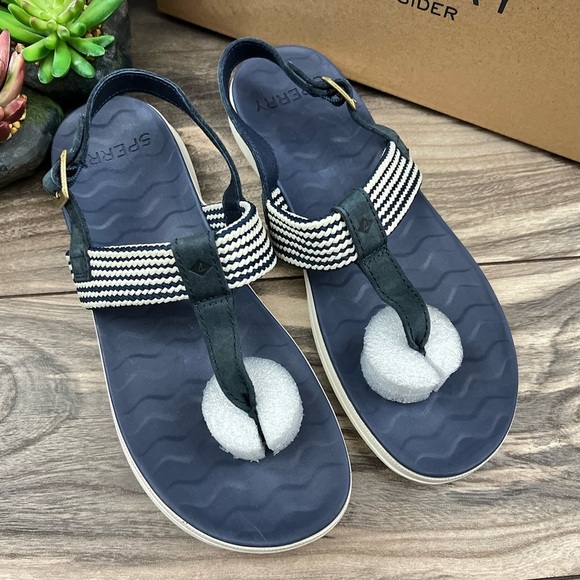 NIB Sperry Top Sider Adriatic Sling Thong Sandal Navy 8M Leather/Webbing - Picture 2 of 11